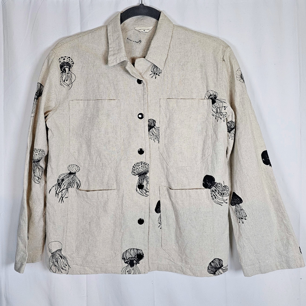 Hombre Necio 100% Linen Jacket With Jellyfish Graphic Print Xs Unisex Euc